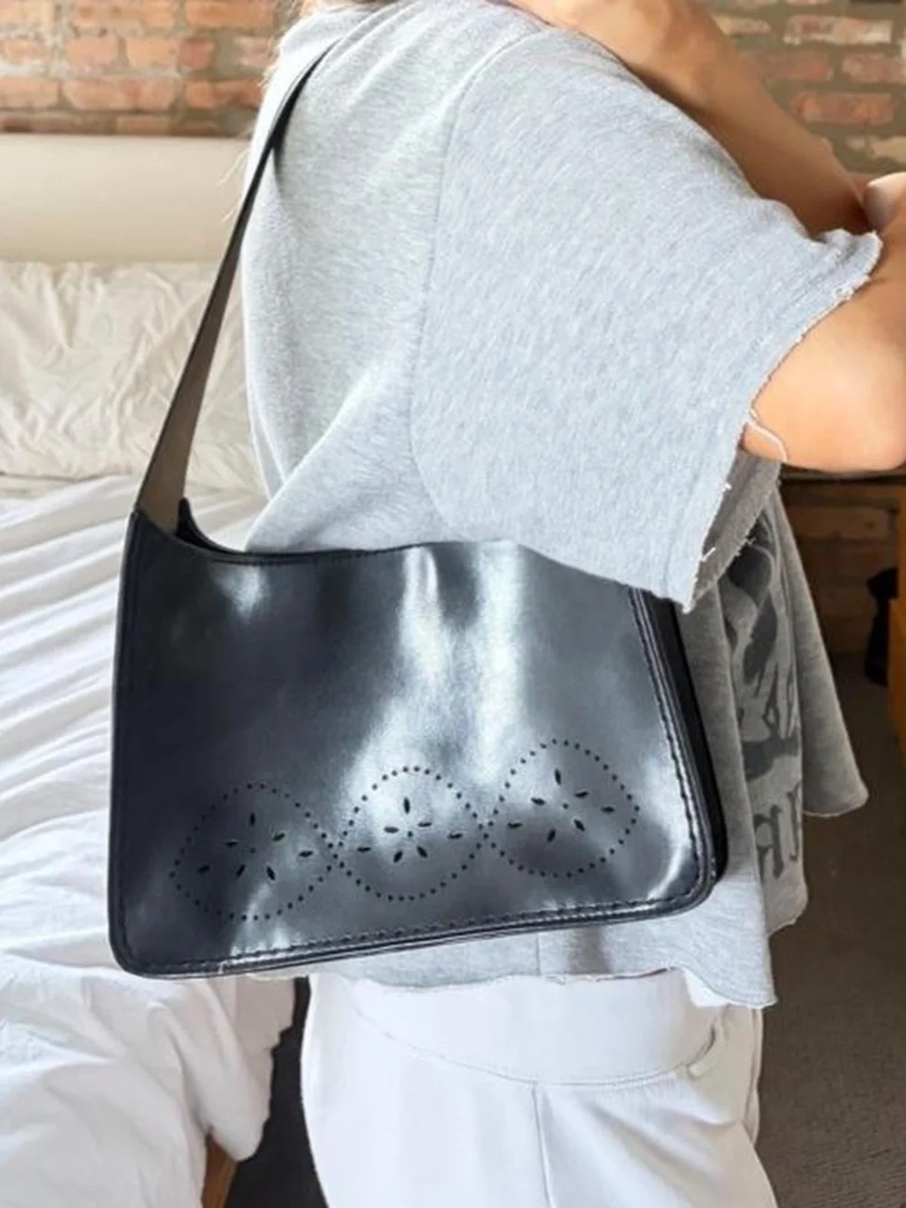 Y2K Shoulder Bag Cut Out Embroidered Black